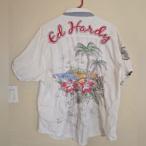 ED HARDY Mens Embroidered Button Down Short Sleeve Shirt Sz 2XL White